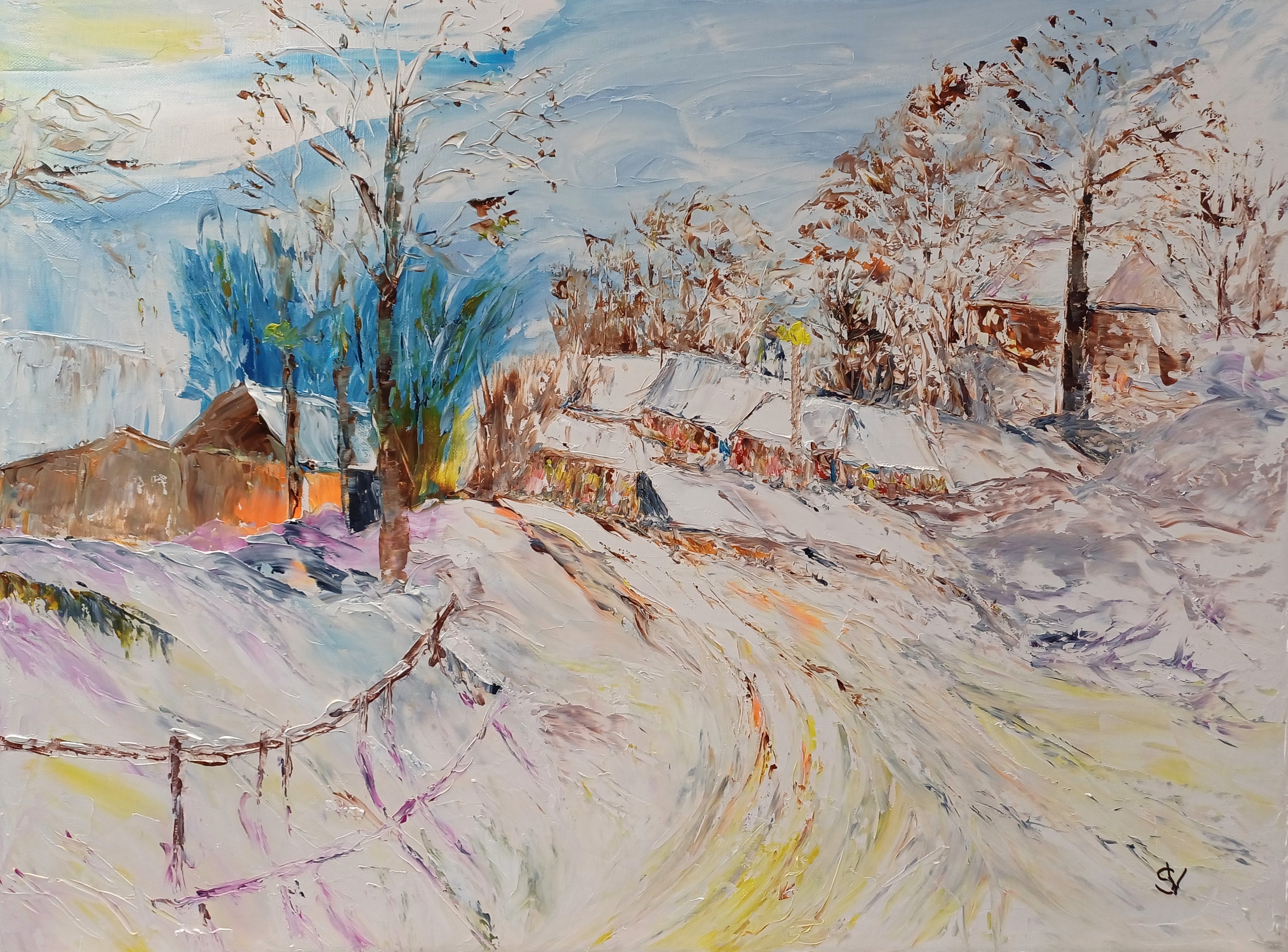 1005 le village sous la neige huile toile 12p46x61cm 