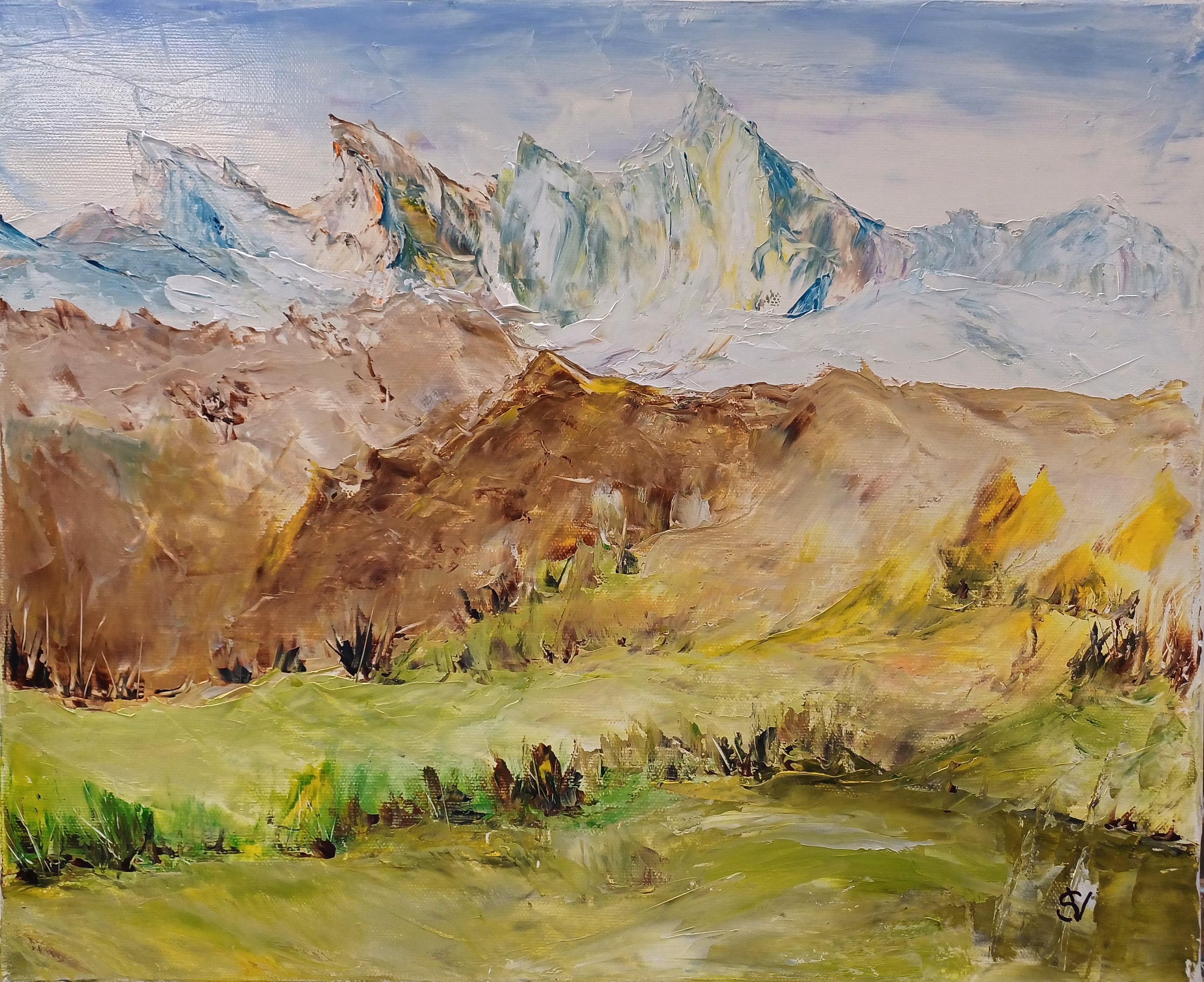 1006 glacier et alpage huile toile 8f38x46cm 