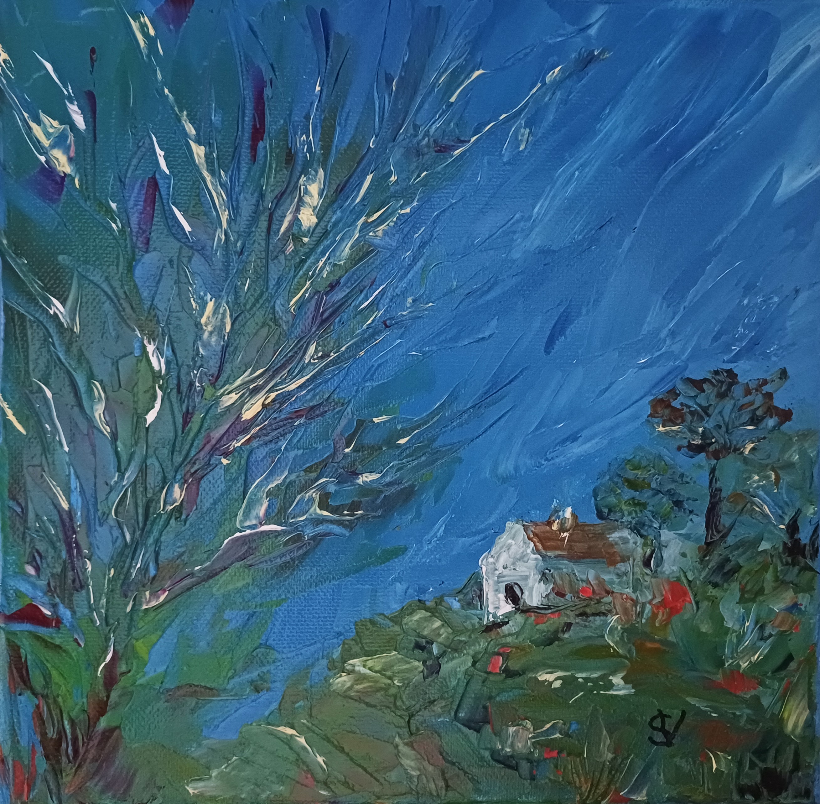 1011 la petite maison bleue huile toile 20x20cm 