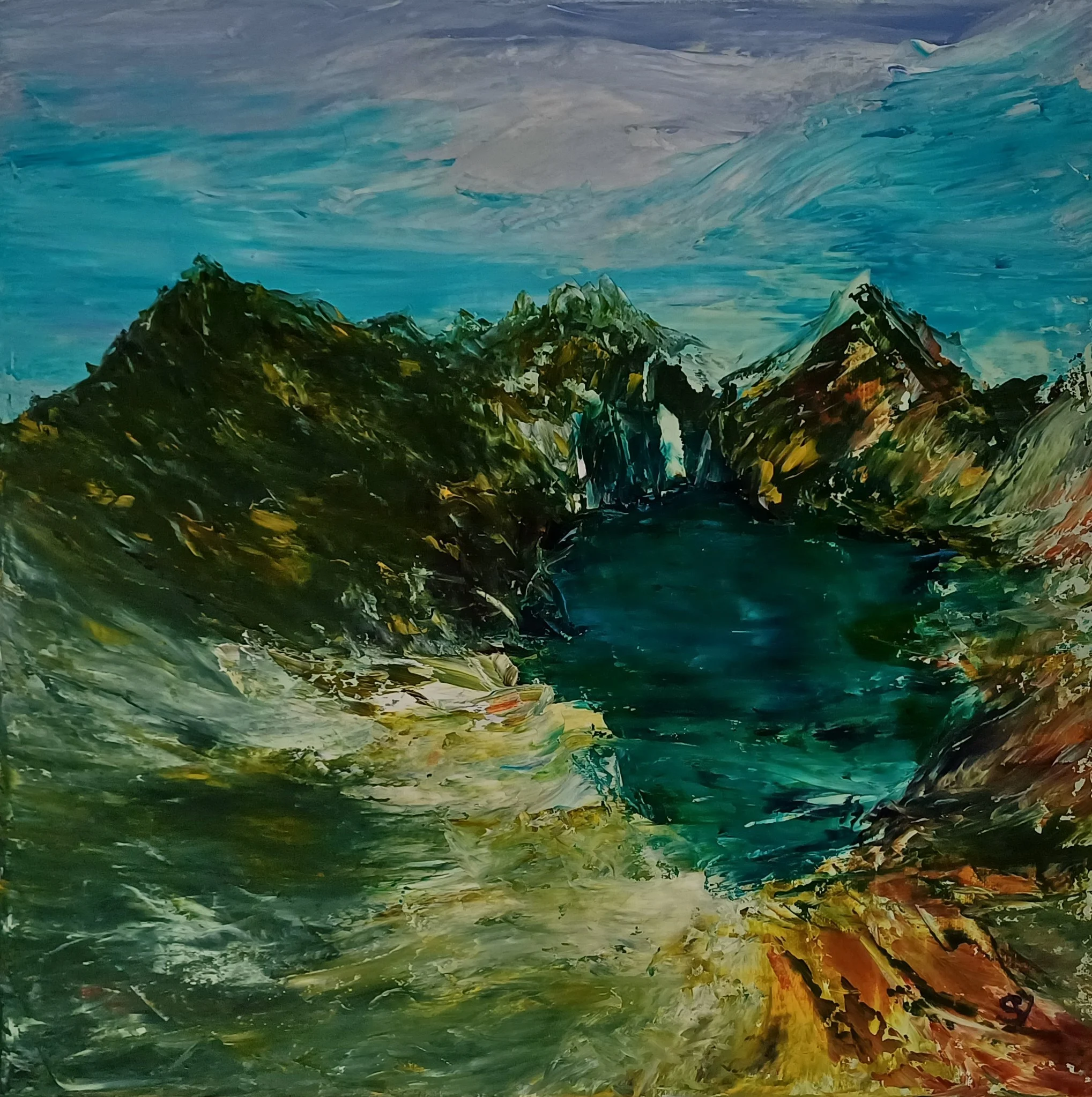 1246 lac vert huile toile 40x40cm
