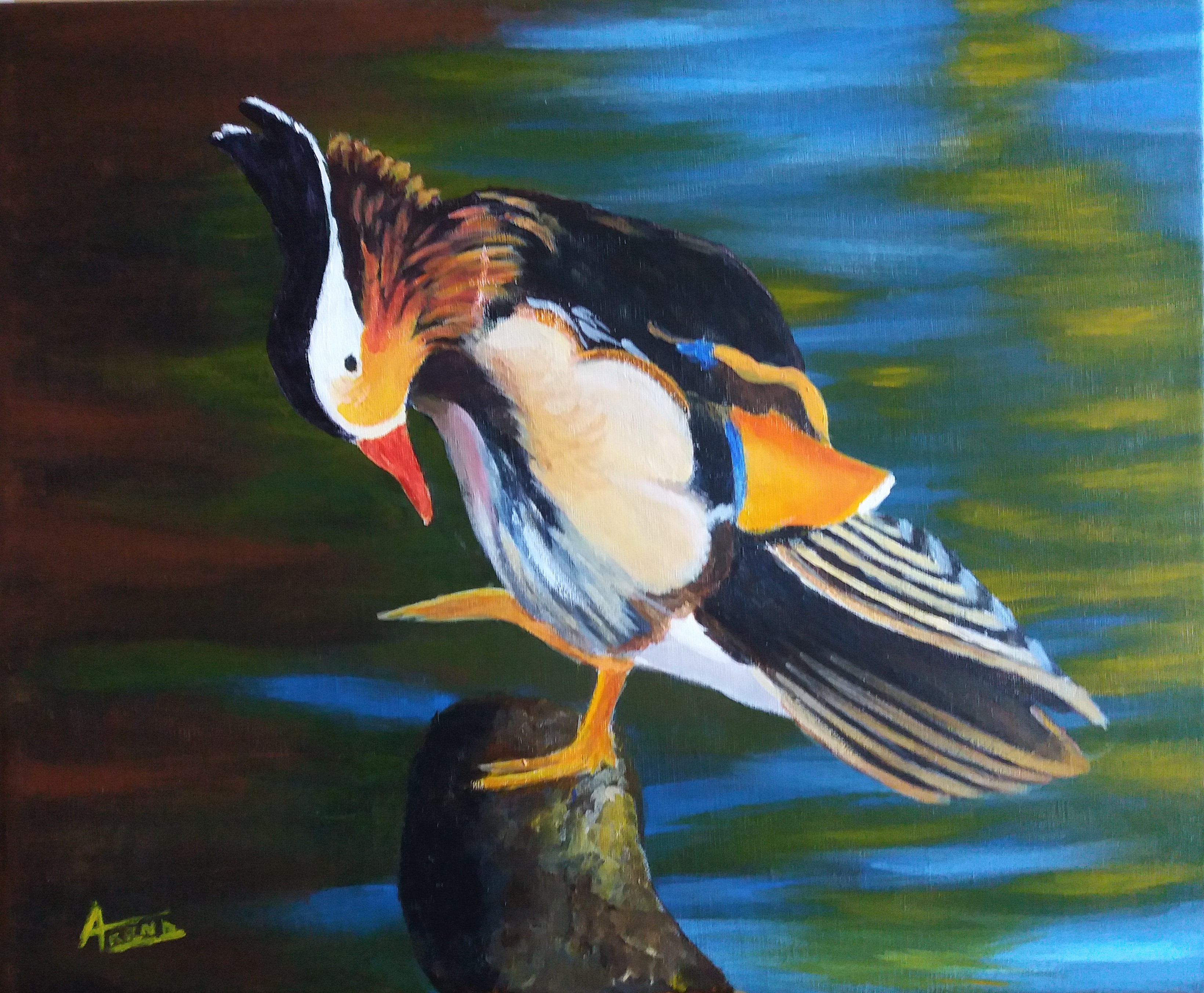 21 Le canard mandarin ACRYLIQUE SUR TOILE 38X46CM