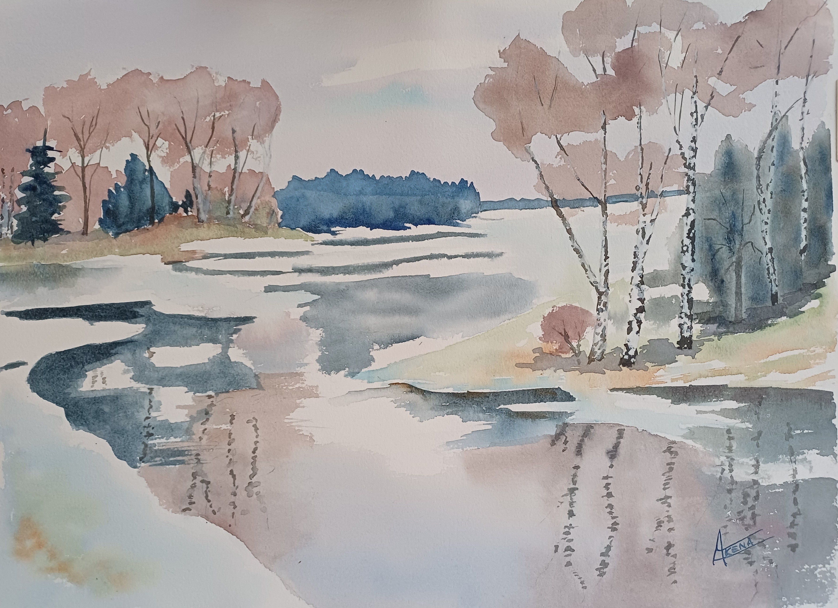 295 rivière gelée aquarelle 40x50cm