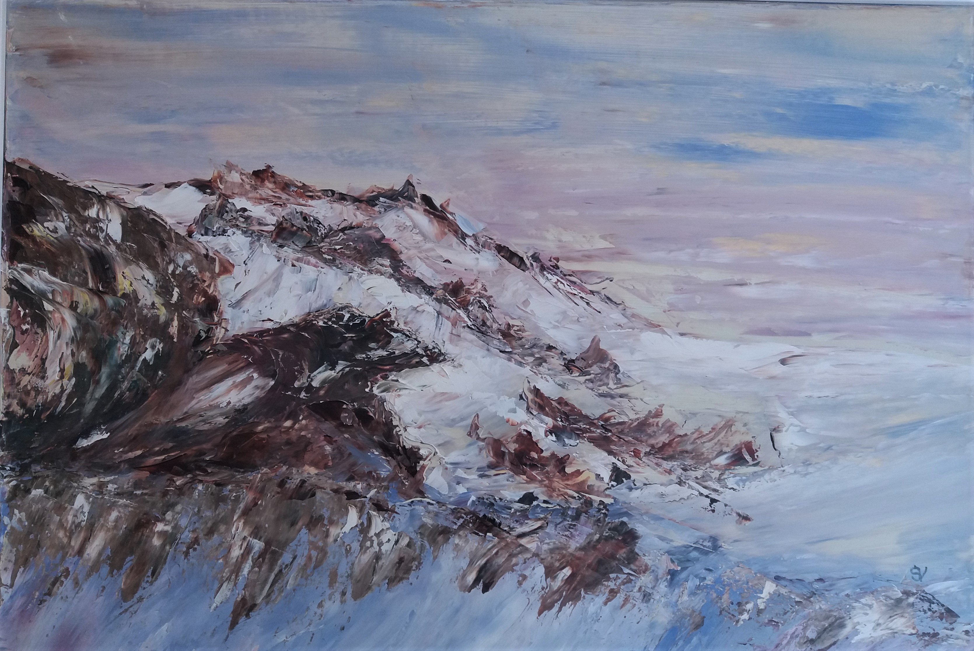 555 au loin la montagne huile sur toile 10p 38x55 cm