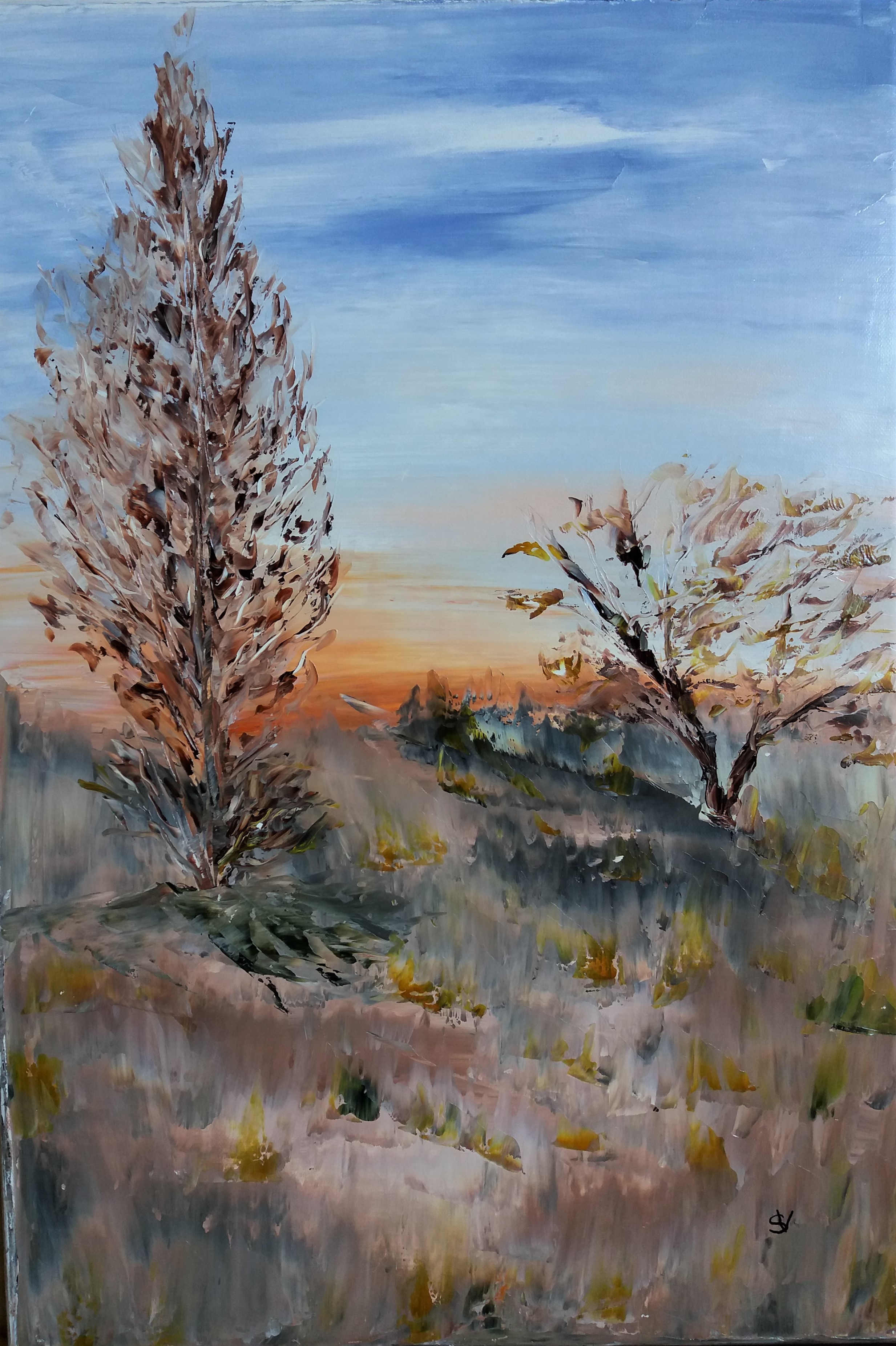 717 le peuplier au petit matin huile sur toile 10p 38x55 cm