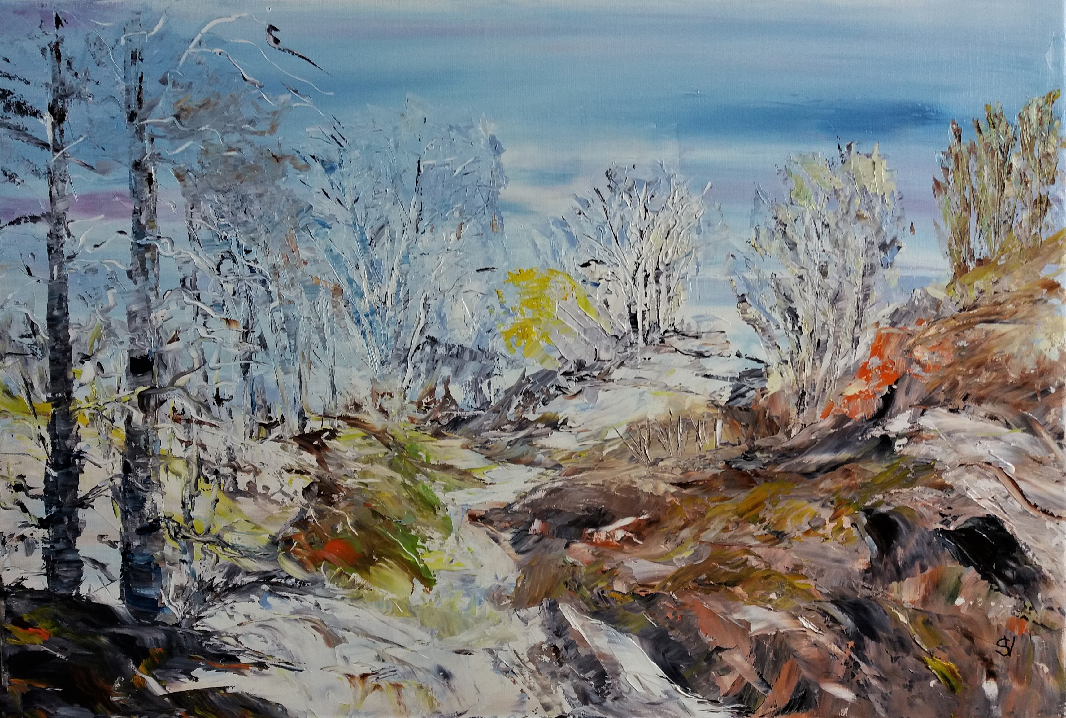 766 premiere neige huile sur toile 10p 38x55 cm