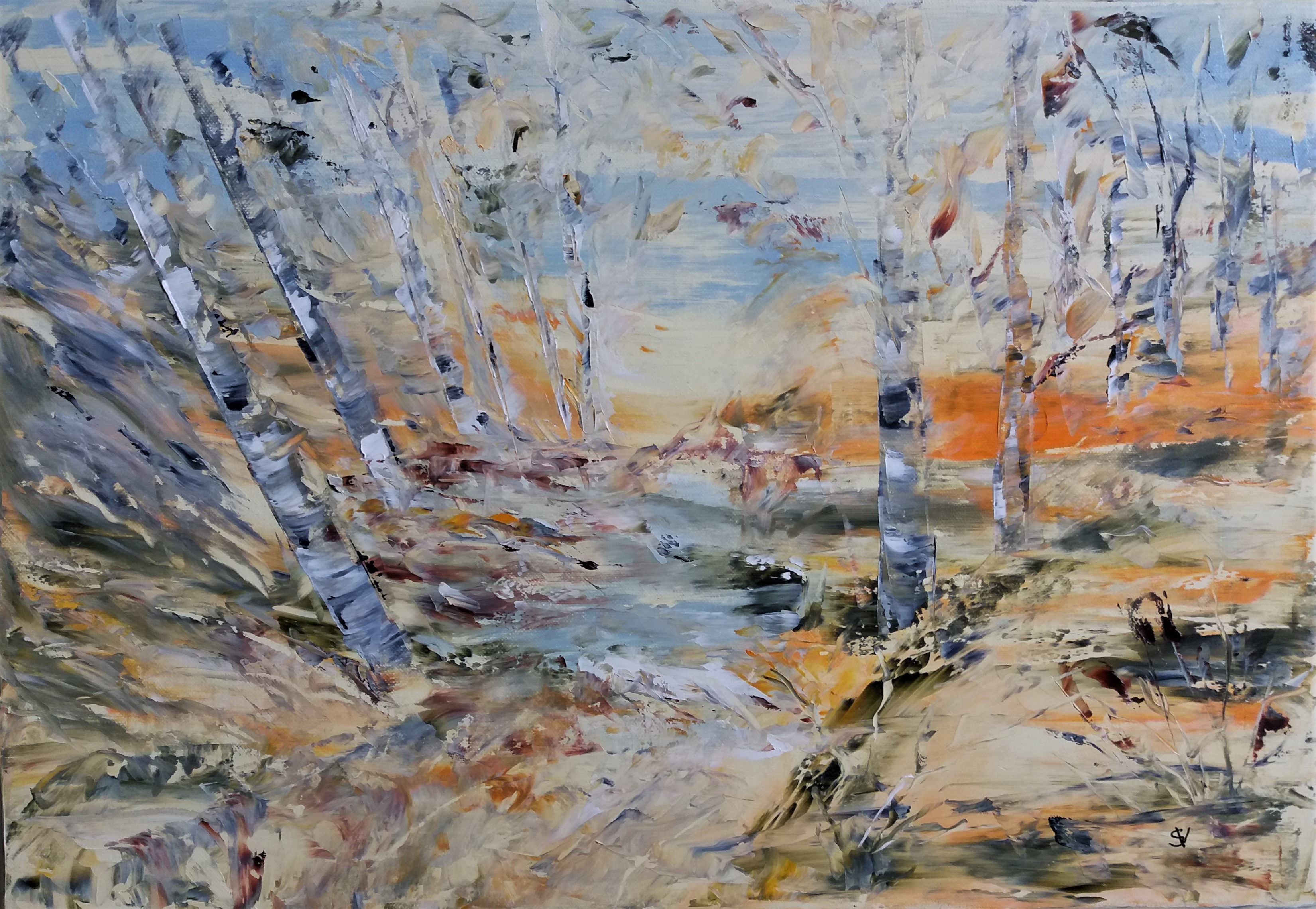 768 coucher de soleil sur la riviere huile sur toile 10p 38x55 cm