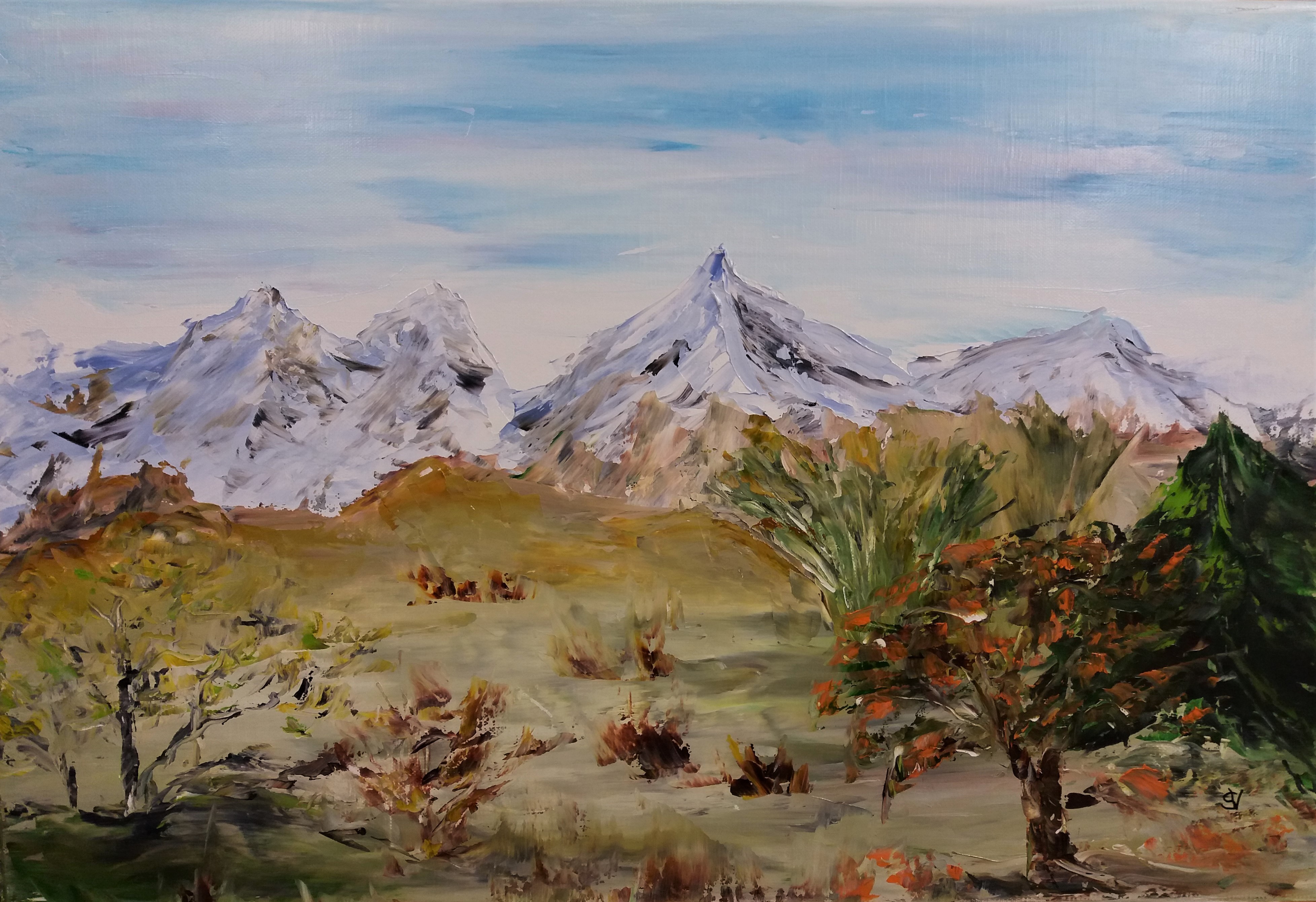 788 aux pieds des monts huile sur toile 10p 38x55 cm 