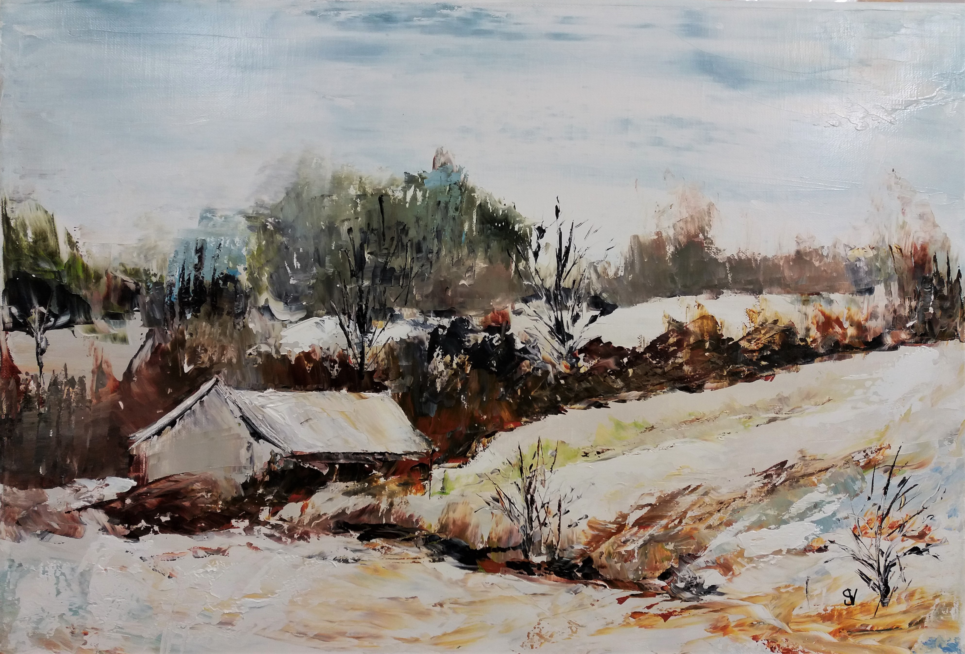 796 la grange en hiver huile sur toile 10p 38x55 cm 