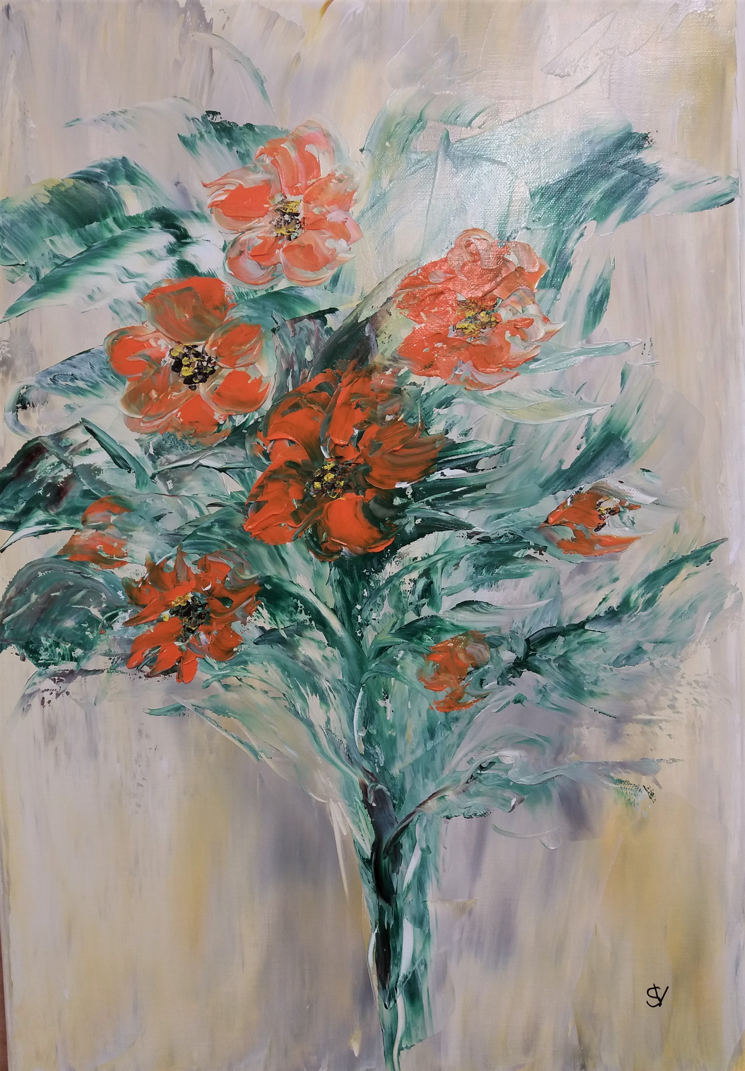 866 fleurs oranges 3 huile sur toile 10p 38x55 cm 