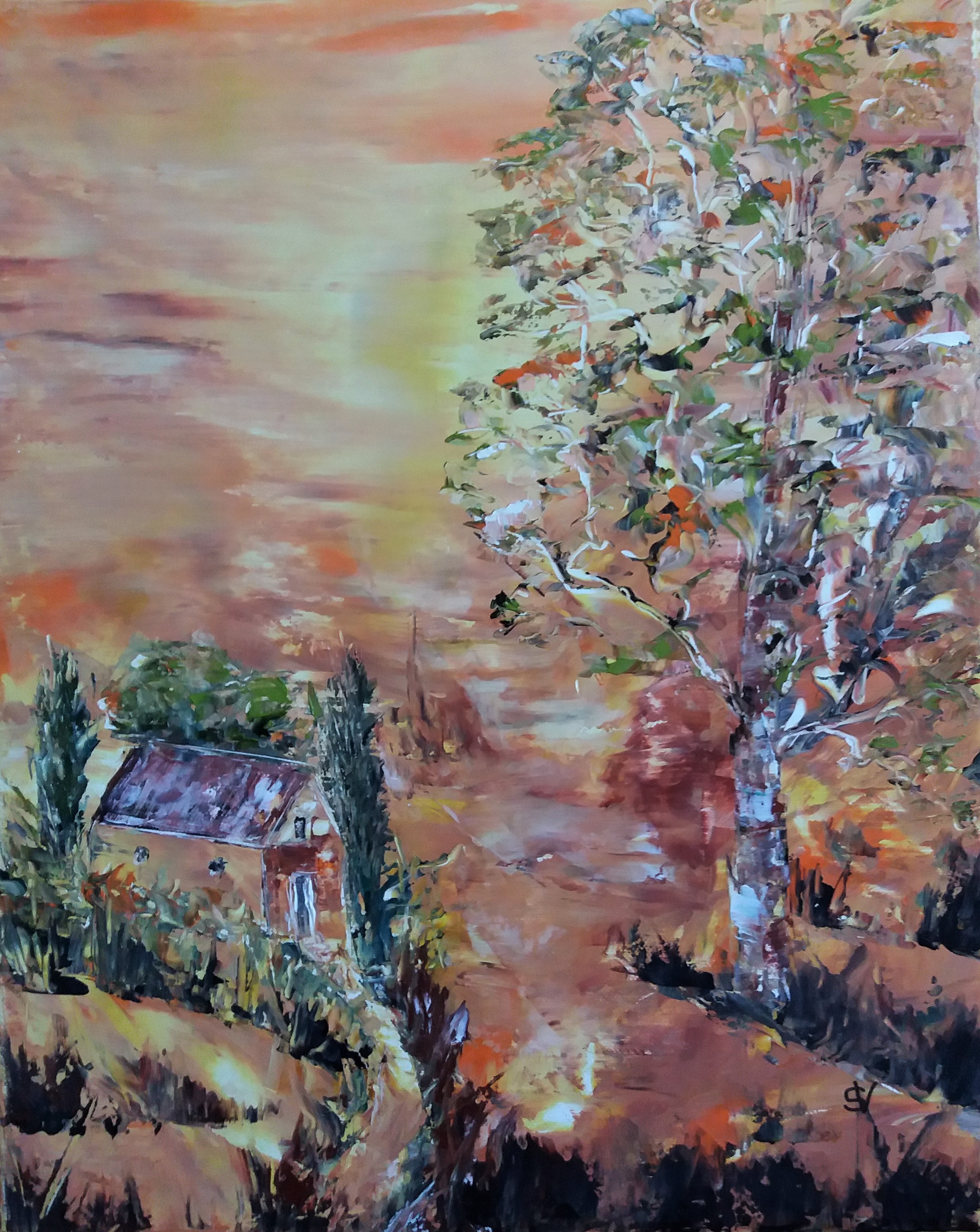 919 coucher de soleil huile sur toile 6f 41x33 cm 