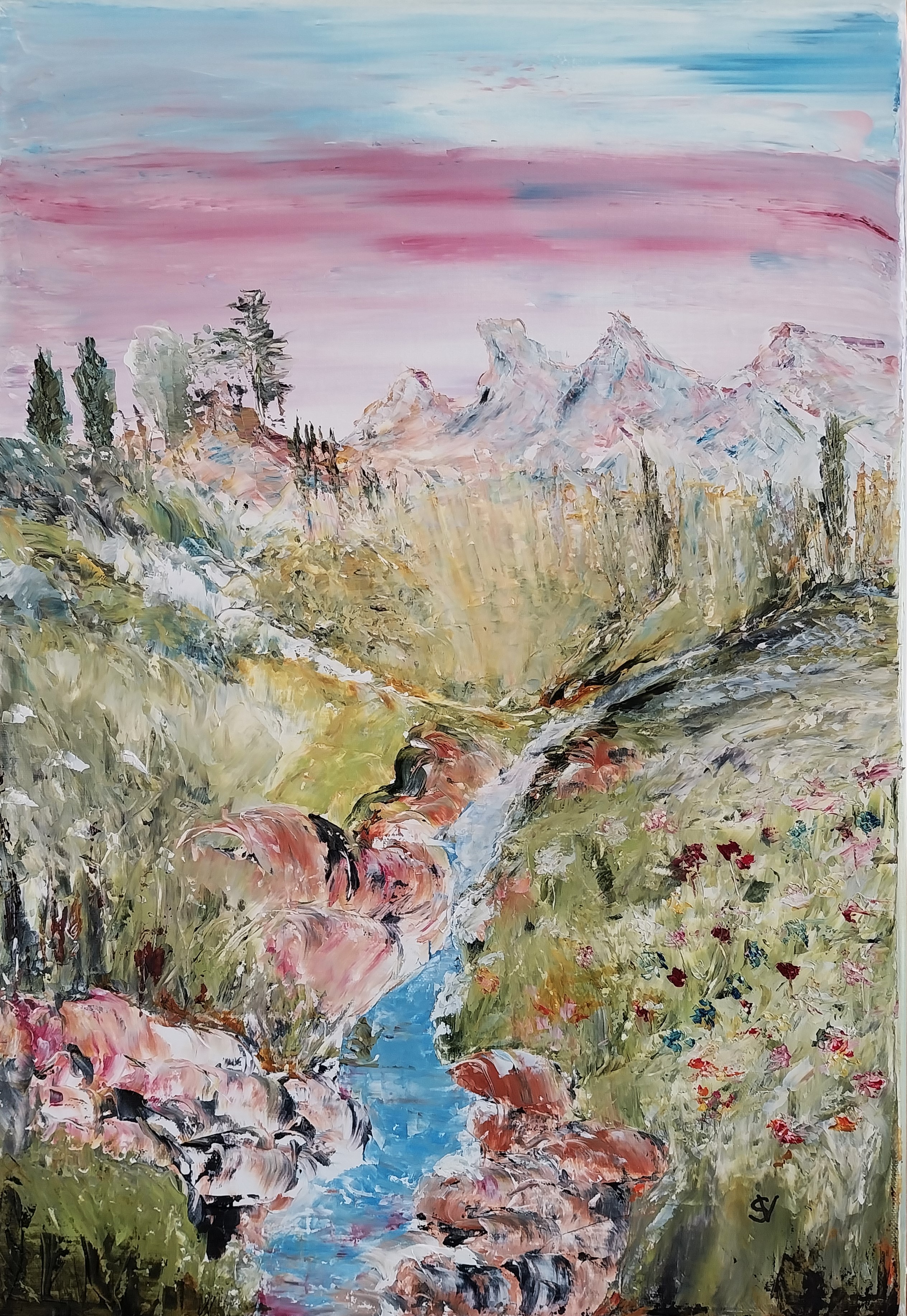 941 riviere en alpage huile sur toile 10p 38x55 cm 