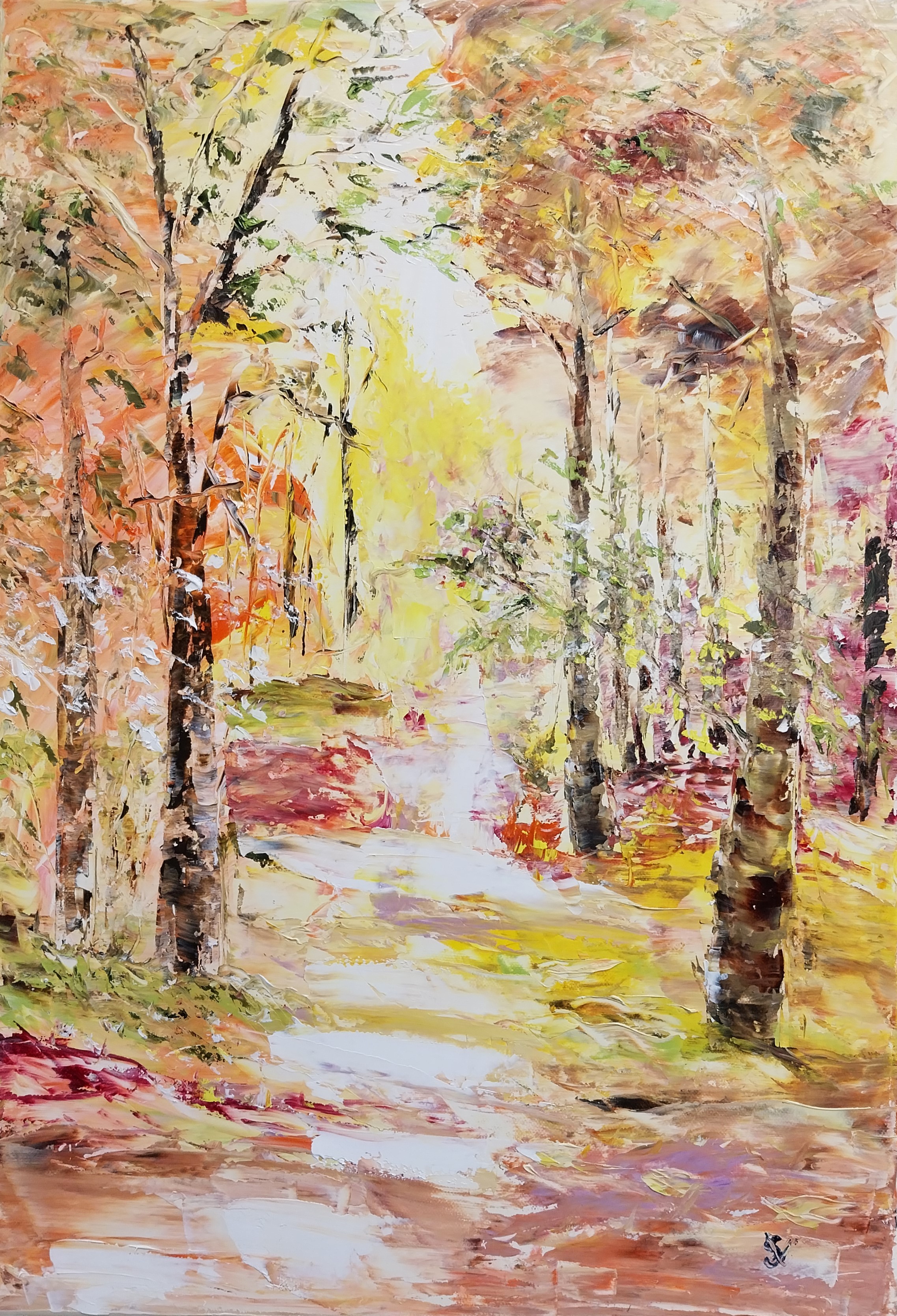 964 allee forestiere en automne huile toile 10p 38x55cm 