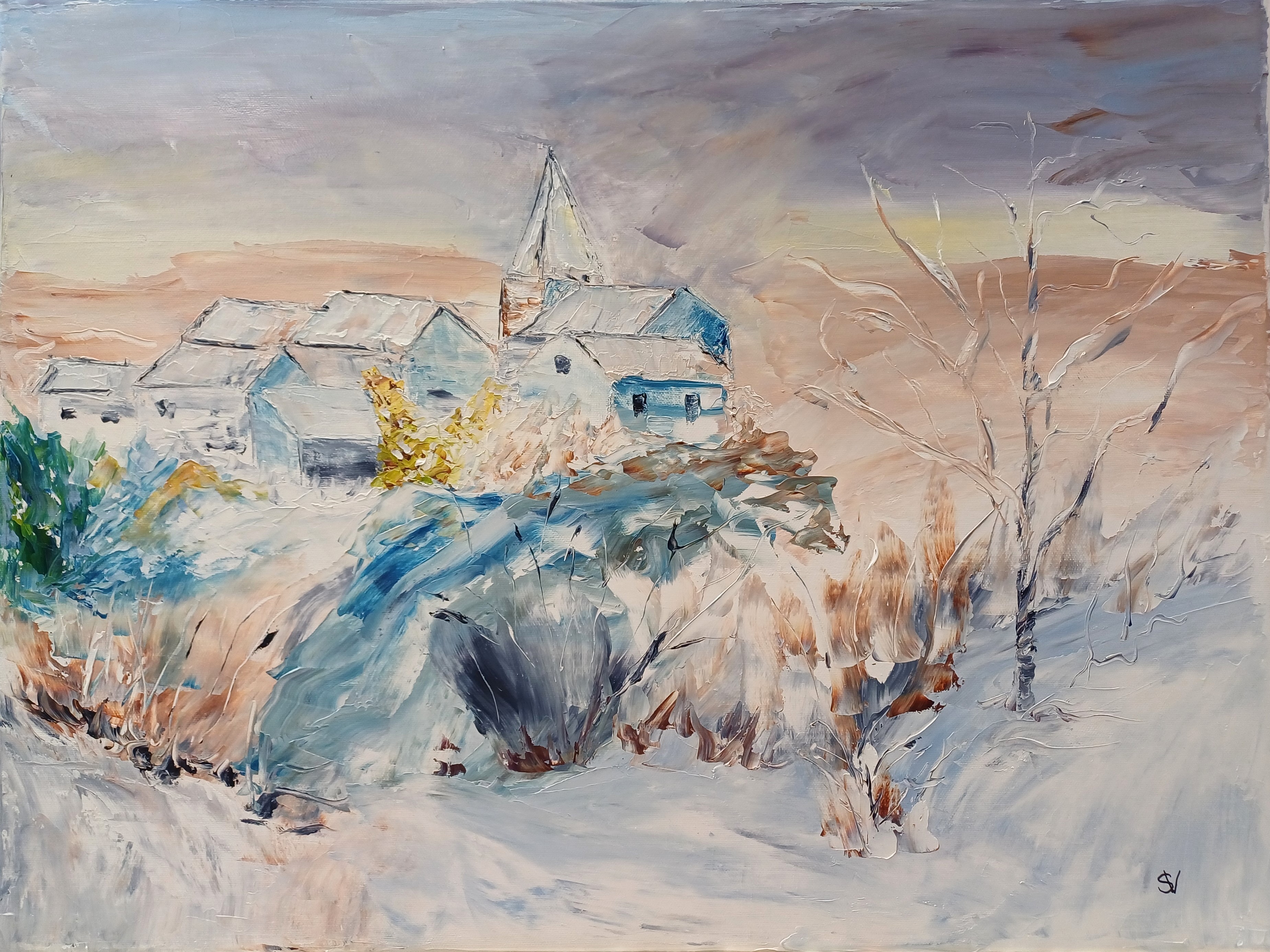 995 village sous la neige huile toile 12p61x46cm 
