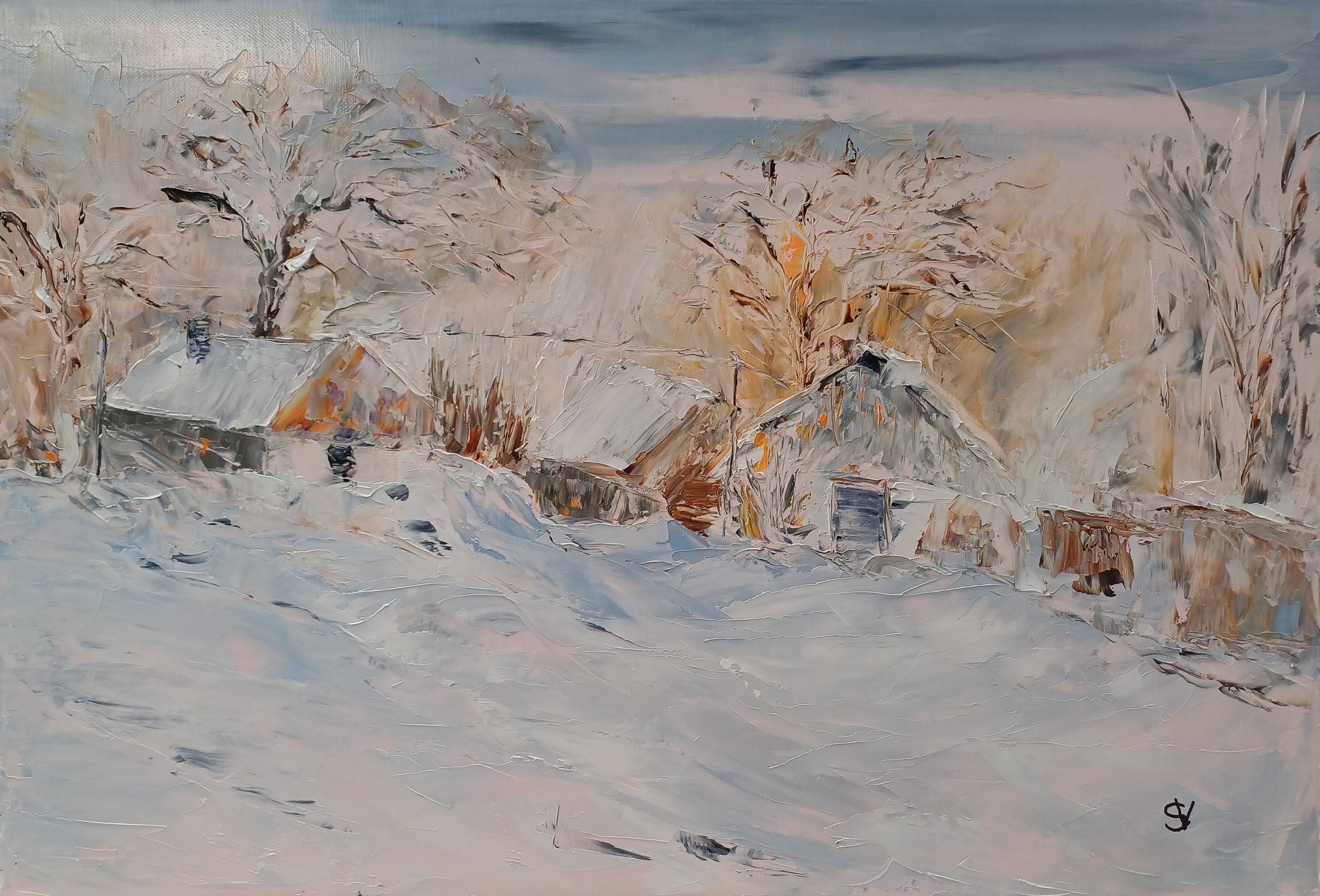 999 granges sous la neige huile toile 10p38x55cm 
