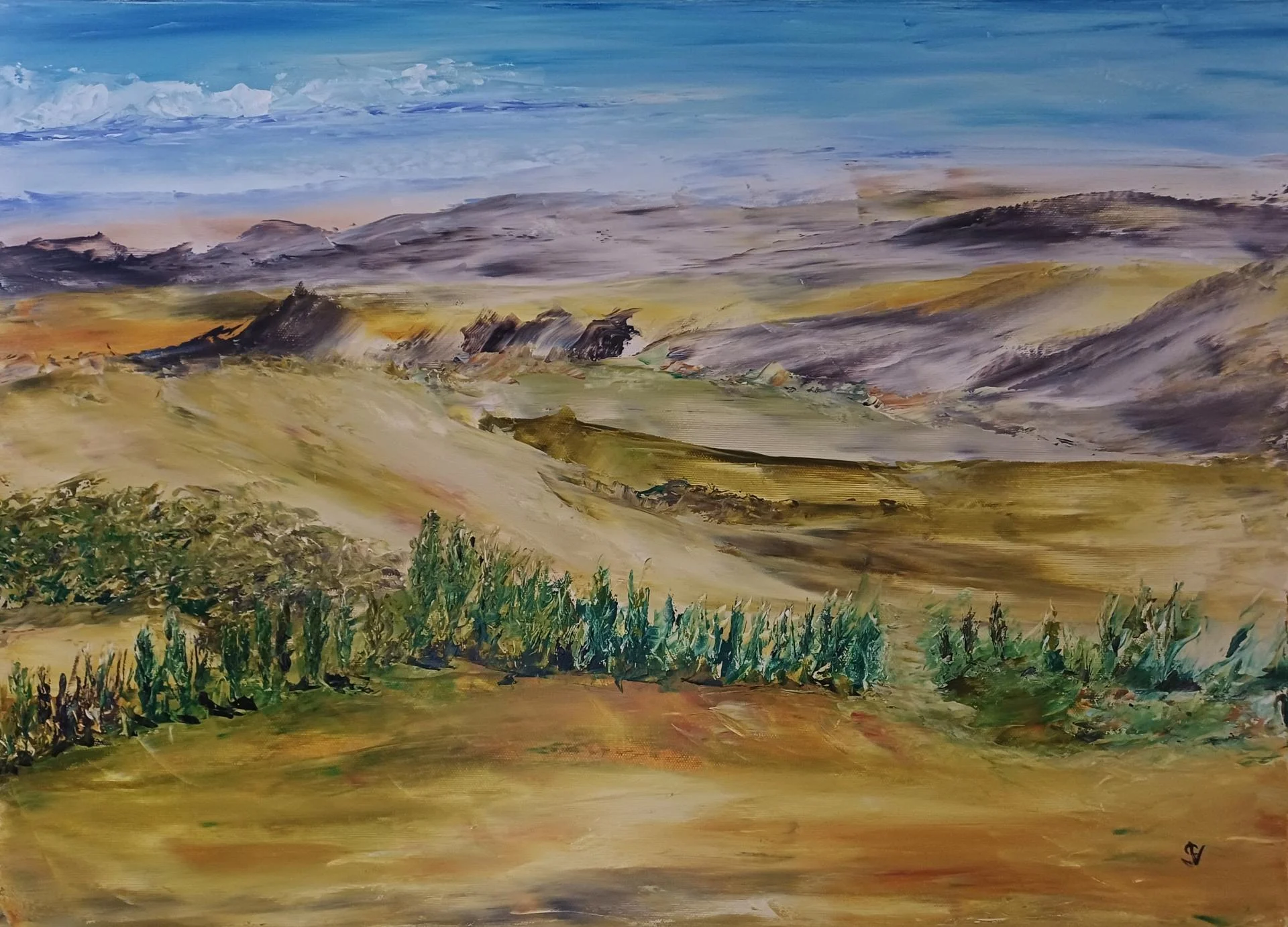 1334 jaune paysage huile lin 50x70