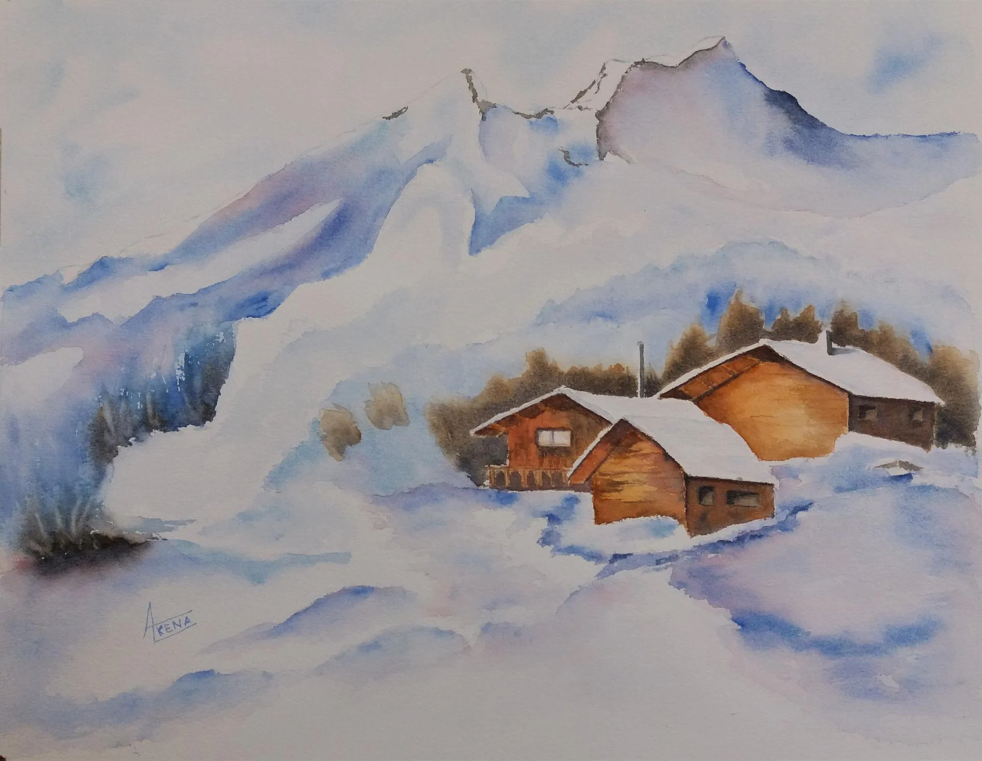 Les chalets aquarelle 40x50 cm