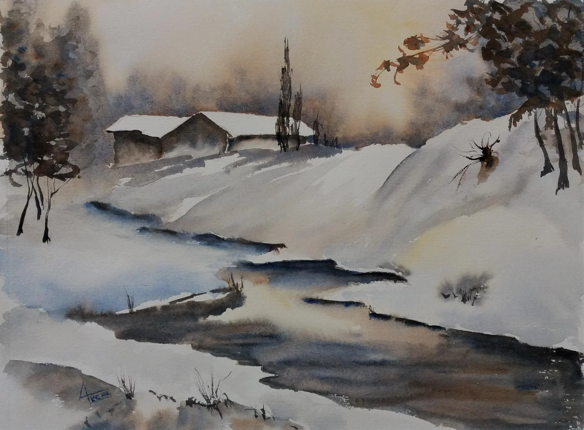 Les granges en hiver aquarelle 40x50 cm 1