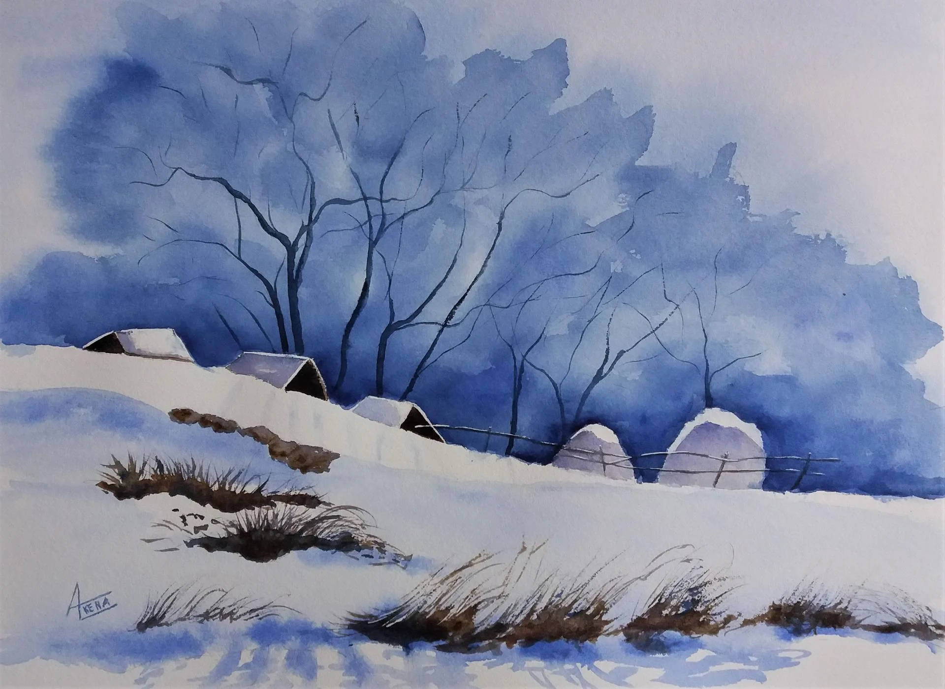 Les granges en hiver aquarelle 40x50 cm