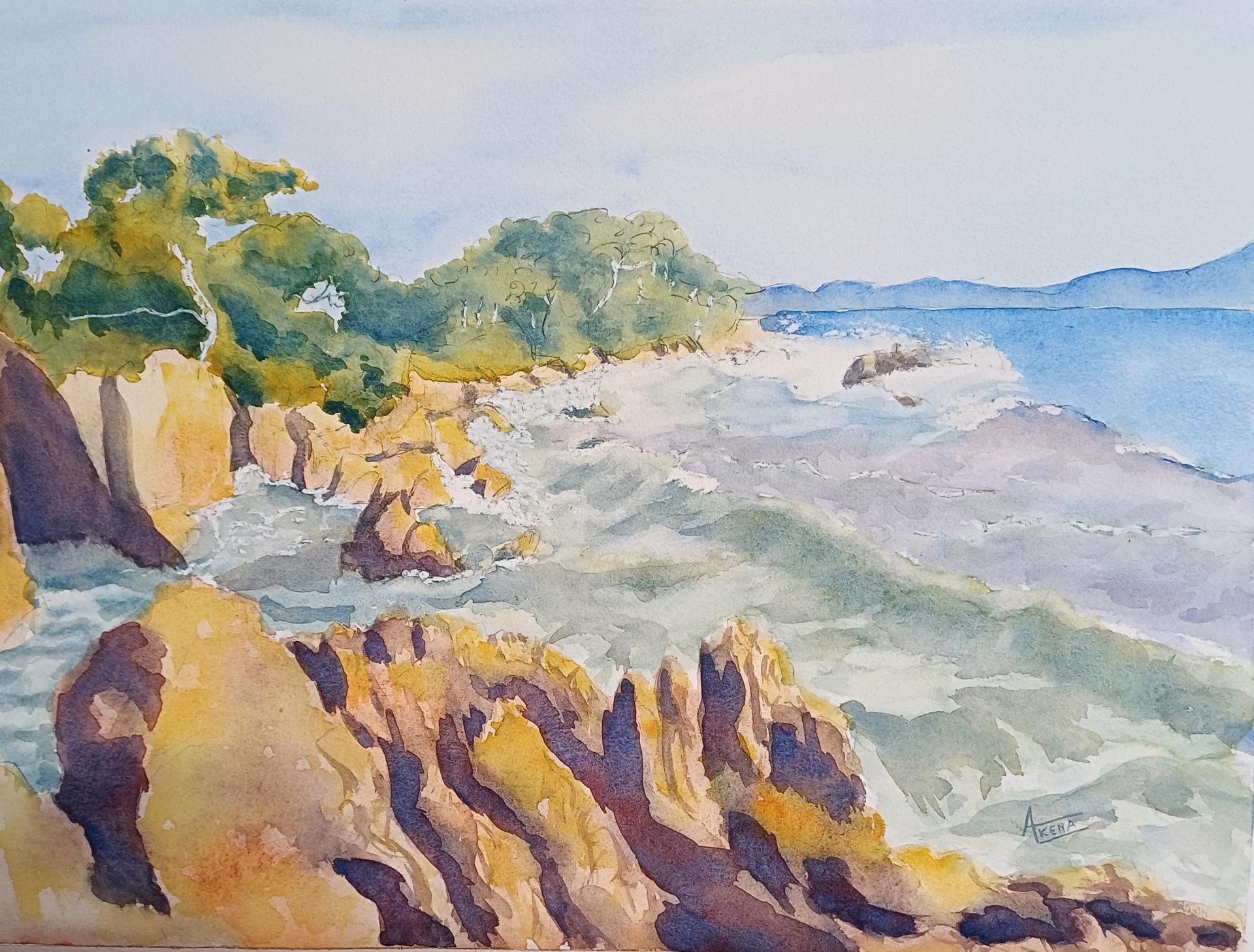Les rochers battus par les vagues aquarelle 40x50cm