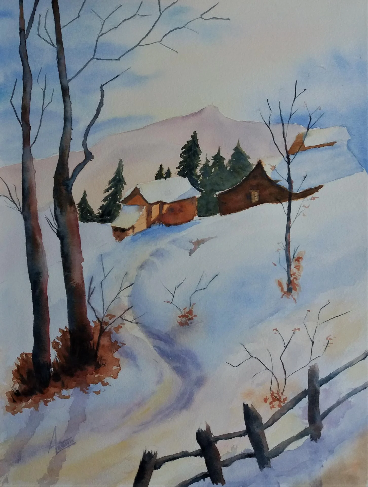 Neige sur les granges aquarelle 40x50 cm